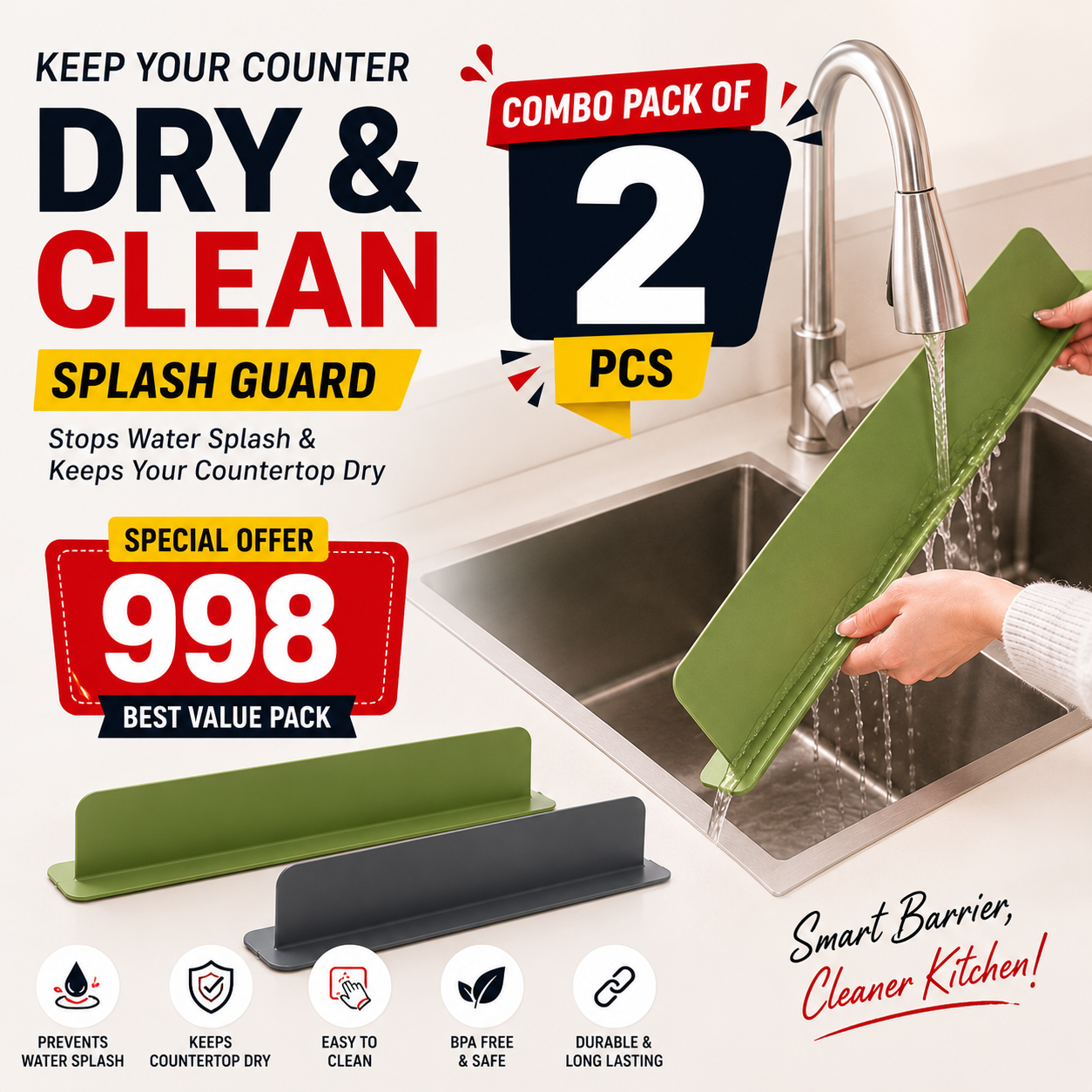 2PCS Silicone Sink Splash Guard 35cm Anti-Splash Faucet Guard with Suction