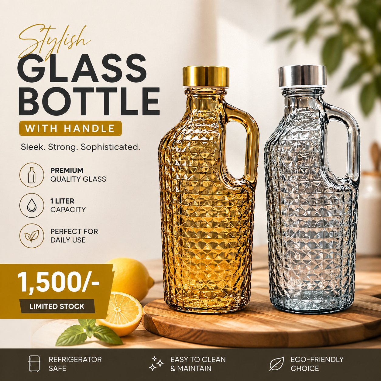 Stylish Glass Bottle with Handle – 1 Liter