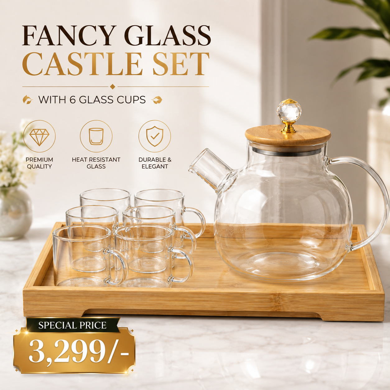 Fancy Glass Castle Tea Set with 6 Cups