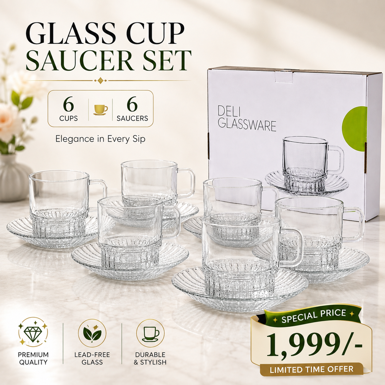 Glass Cup & Saucer Set – 6 Cups with 6 Saucers