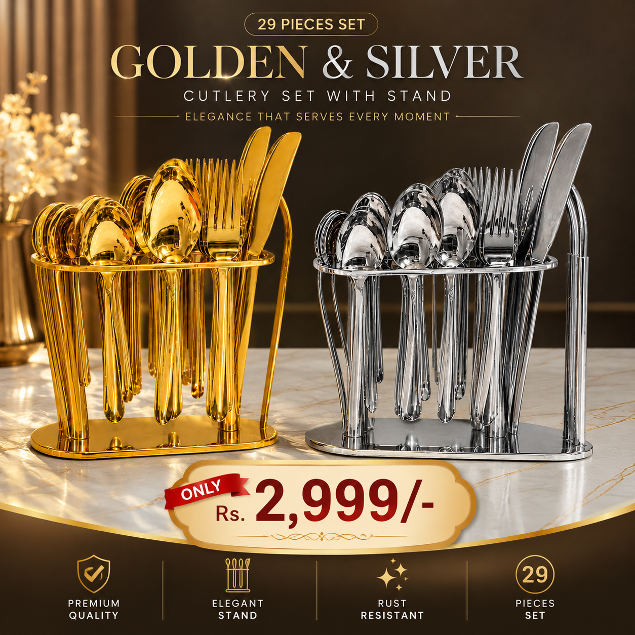 Golden & Silver 29-Piece Cutlery Set with Stand