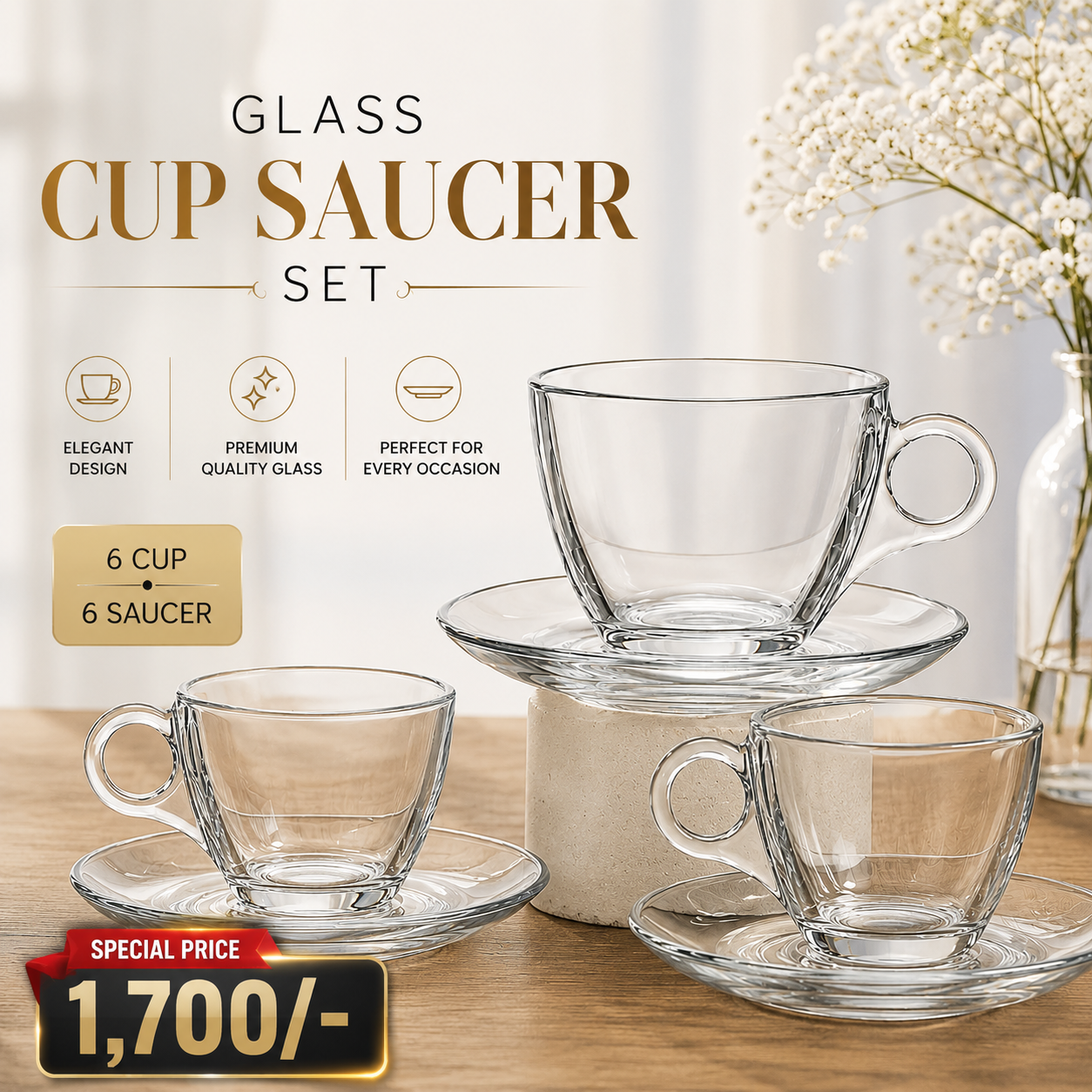 Lazuli Glass Cup & Saucer Set – 6 Pieces