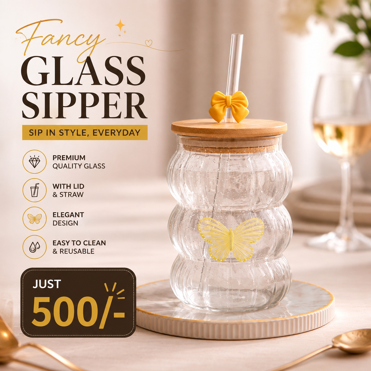 Fancy Glass Sipper with Bamboo Lid & Straw