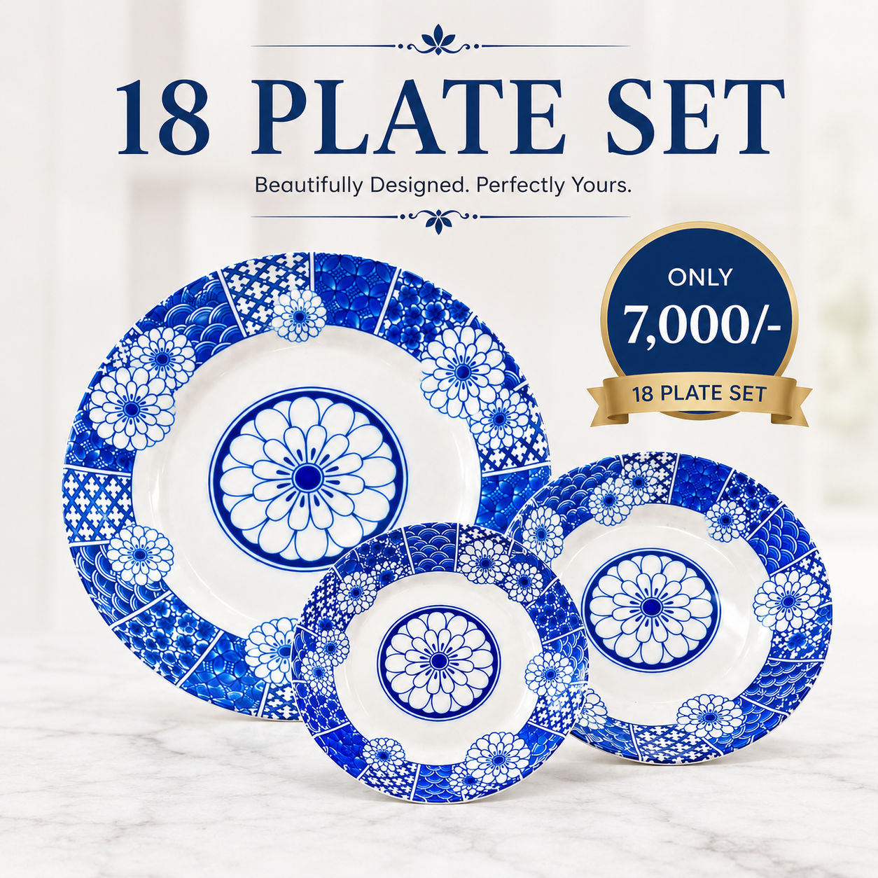 18-Piece Premium Dinner Plate Set – Blue & White Collection