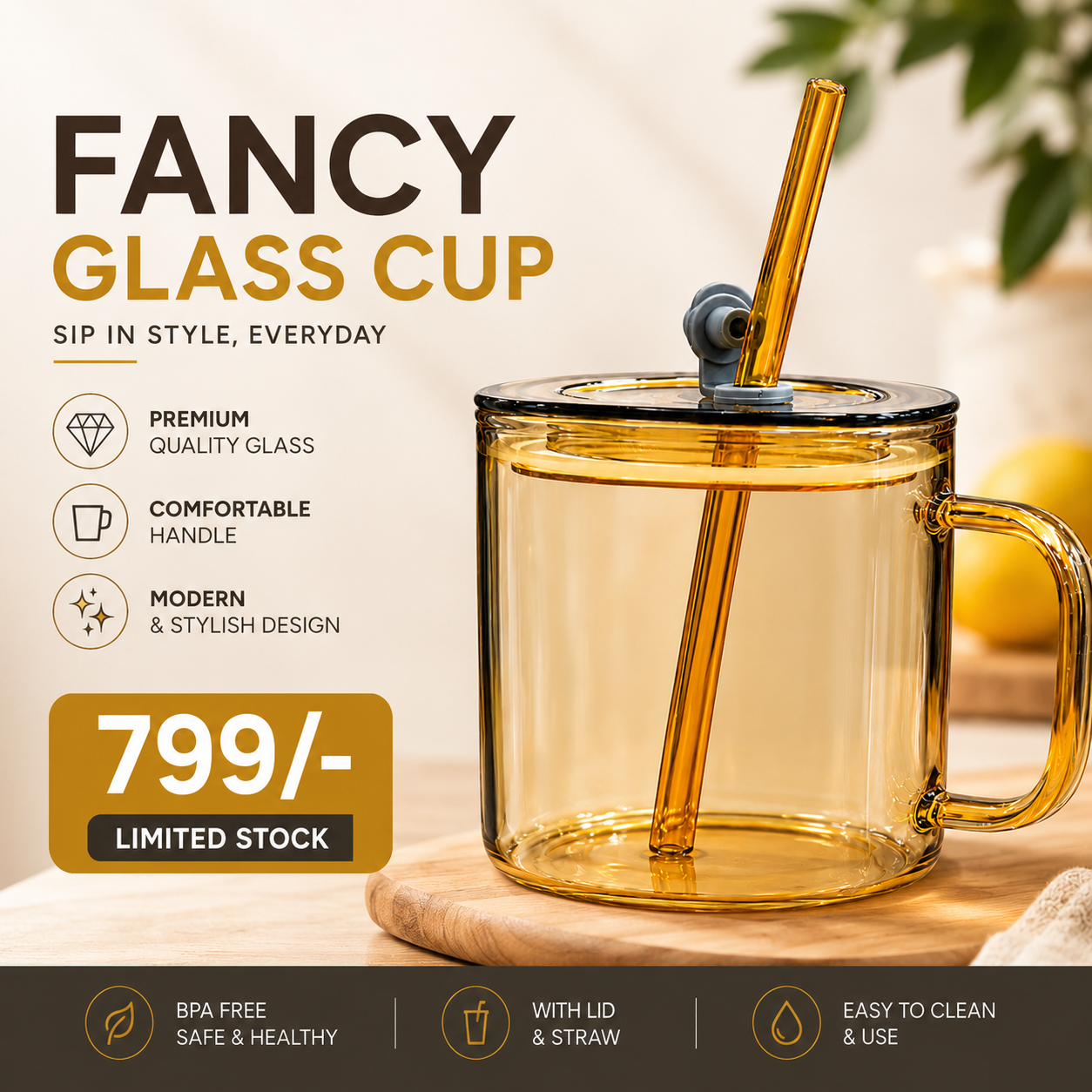 Elegant Glass Cup with Handle & Straw