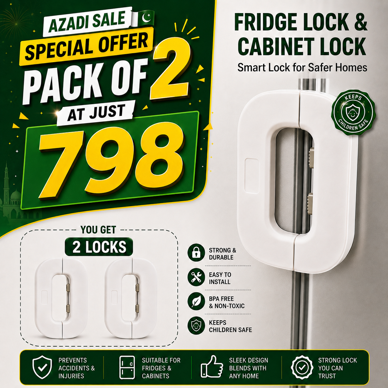 Pack of 2 Fridge Lock & Child Safety Cabinet Lock for Baby Protection