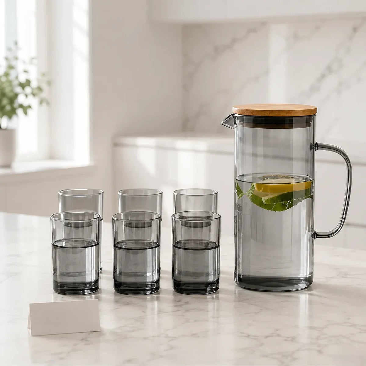 Glass Water Pitcher Set with 6 Glasses - 7 Piece