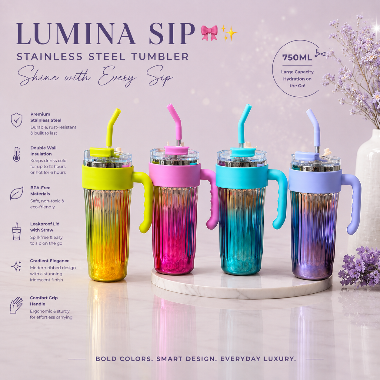 Lumina Sip Stainless Steel Tumbler 750ml with Handle & Straw