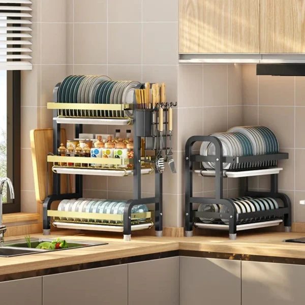 Multi Tiered Dish Rack Organizer Stainless Steel Kitchen Storage