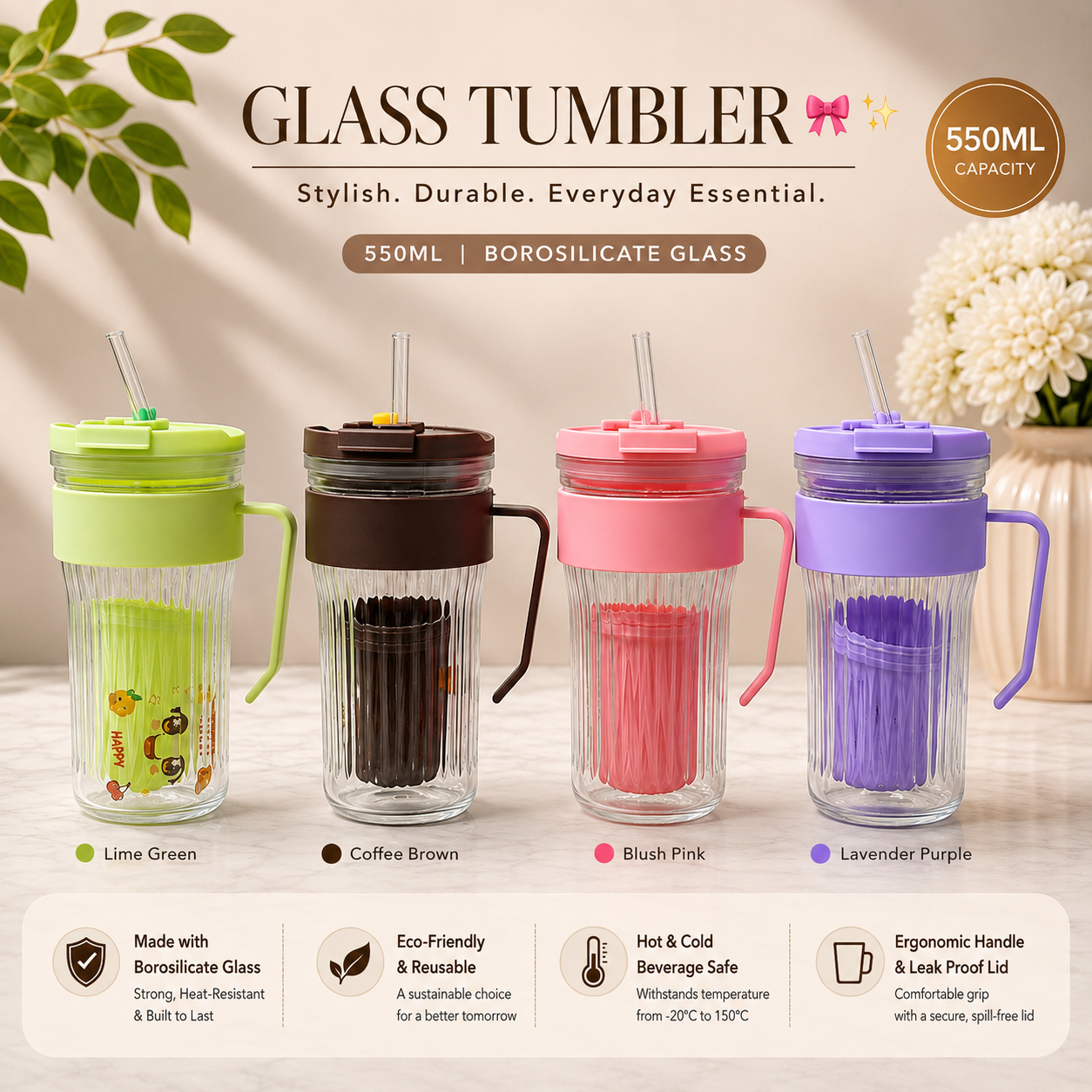 Premium Borosilicate Glass Tumbler 550ml with Handle & Straw