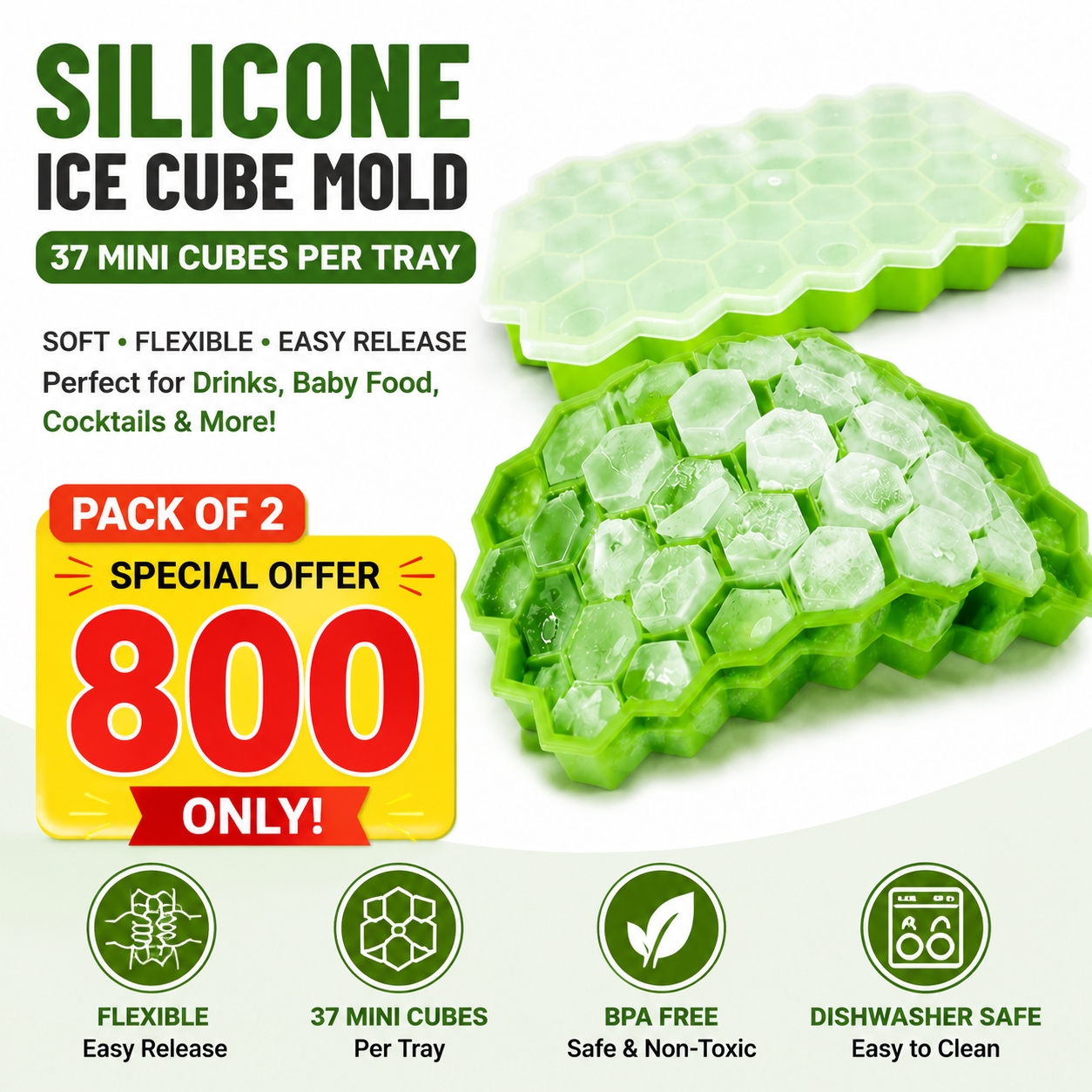 Silicone Ice Cube Mold Tray Pack of 2