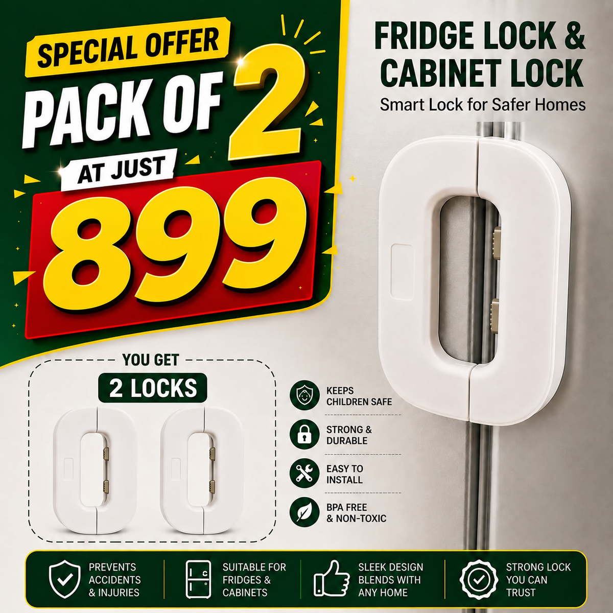 Pack of 2 Fridge Lock & Child Safety Cabinet Lock for Baby Protection