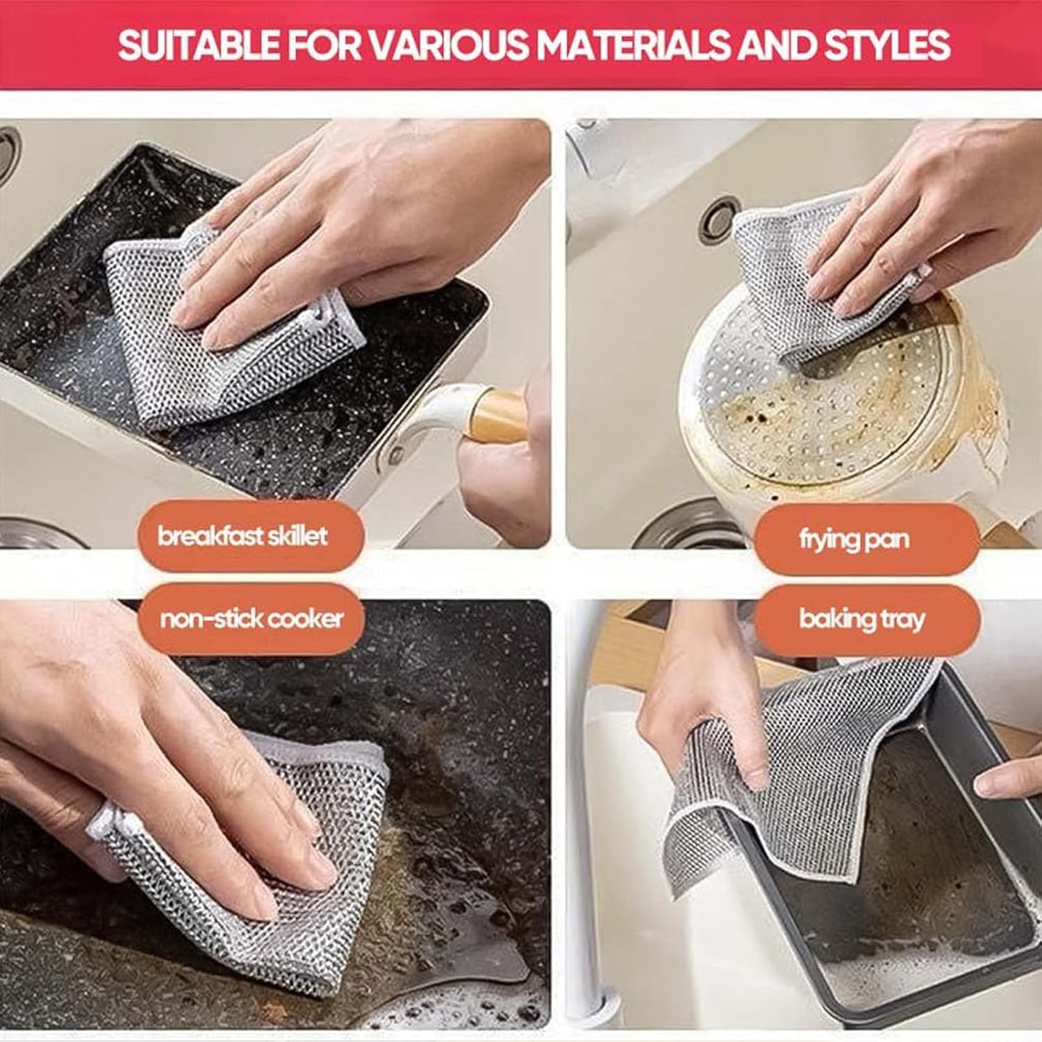 Wire Dishwashing Rags Durable Wet & Dry Kitchen Scrubbers 3pcs