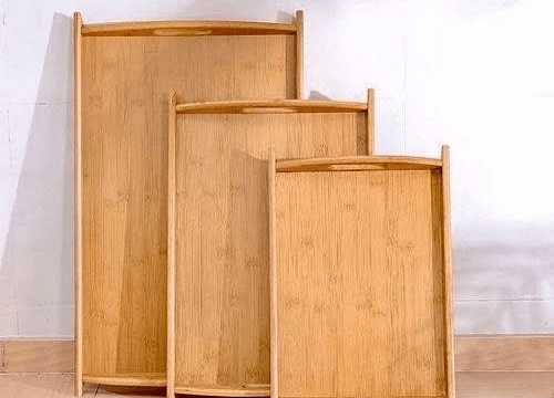 Solid Bamboo Wood Serving Tray Set of 3 with Cut Out Handles Nesting Design