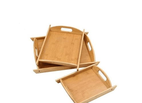 Solid Bamboo Wood Serving Tray Set of 3 with Cut Out Handles Nesting Design - Image 2