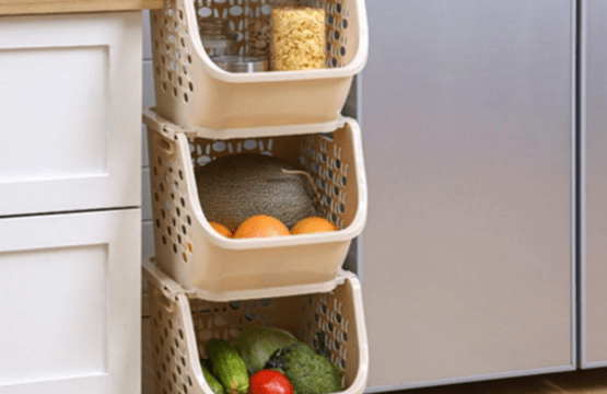 Premium Set of 3 Stackable Vegetable Fruit Storage Baskets - Kitchen Shelf Organizer for Potatoes, Onions, and More - Space-Saving Storage Solution in Multicolor.
