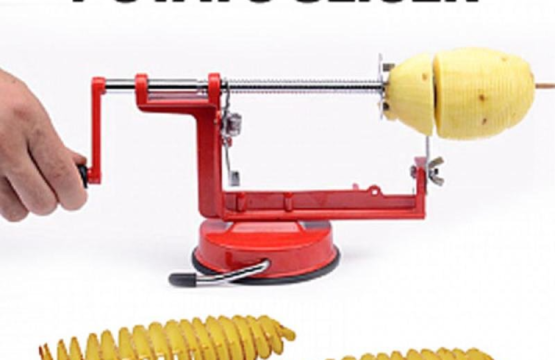 Manual Spiral Potato Peeler & French Fry Cutter - Red Kitchen Tool for Vegetables & Fruits
