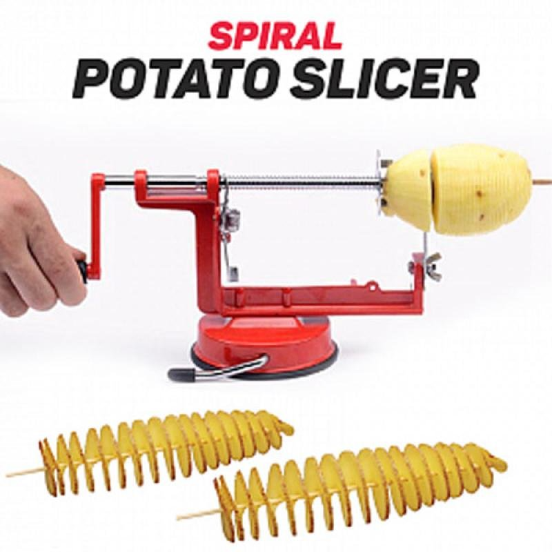 Manual Spiral Potato Peeler & French Fry Cutter - Red Kitchen Tool for Vegetables & Fruits