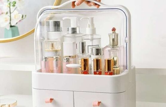 Transparent Clamshell 3 Drawer Dressing Table Round Makeup Organizer