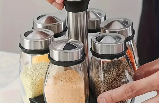 1 Set Revolving Countertop Spice Rack Tower - Multifunctional Rotating Seasoning Jar Organizer with Jars, Kitchen Spice Storage Bottle.