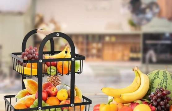 2-Tier Fruit Storage Basket with Wooden Handle - Image 4