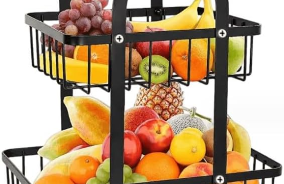 2-Tier Fruit Storage Basket with Wooden Handle