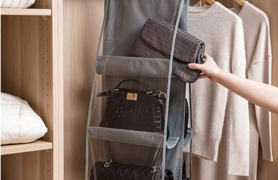 Double Side Transparent Hanging Handbag Organizer 6 Pocket Foldable Closet Storage Bag - Image 6