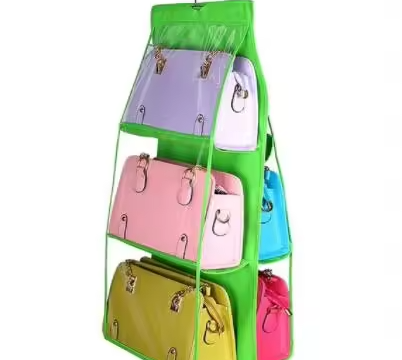 Double Side Transparent Hanging Handbag Organizer 6 Pocket Foldable Closet Storage Bag