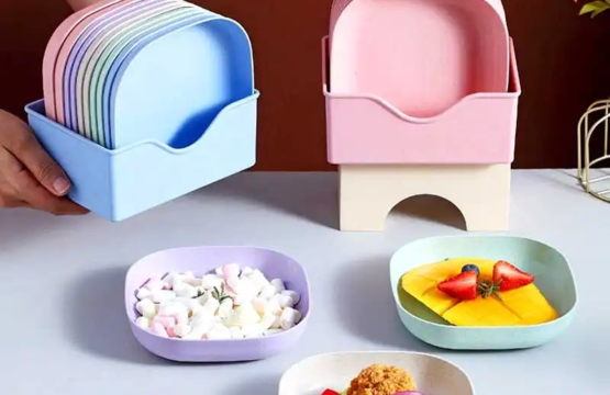 8 Pieces Plastic Plate Set with Stand Lightweight Stackable Plates for Indoor & Outdoor Use