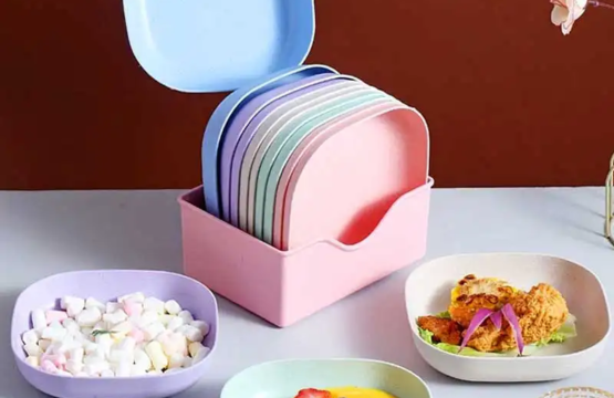 8 Pieces Plastic Plate Set with Stand Lightweight Stackable Plates for Indoor & Outdoor Use - Image 2