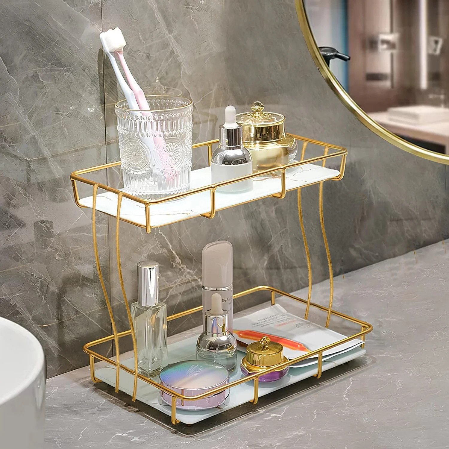 2 Tier Rectangular Golden Vanity Stand