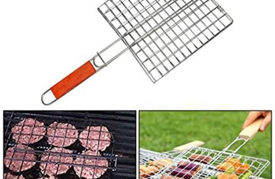 Portable Barbecue BBQ Grill Net Basket Roast Grilling Tray with Wooden Handle