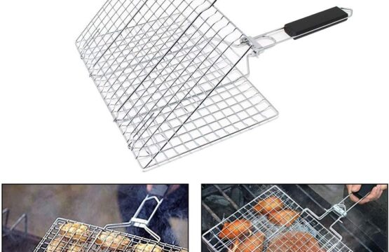 Portable Barbecue BBQ Grill Net Basket Roast Grilling Tray with Wooden Handle
