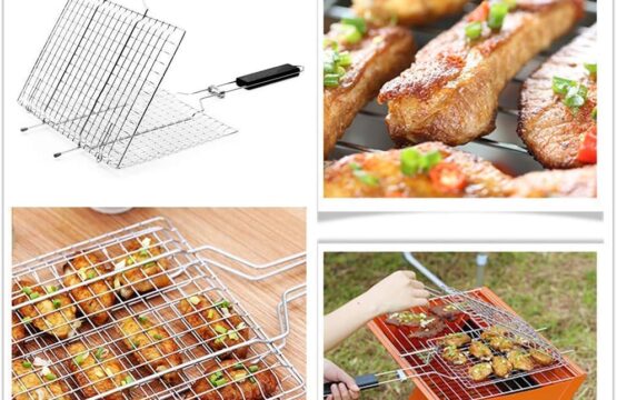 Portable Barbecue BBQ Grill Net Basket Roast Grilling Tray with Wooden Handle