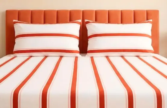 Sunset Stripe King Size Bed Sheet Set with coral and cream stripes made from 100% premium cotton including fitted bedsheet and pillow covers
