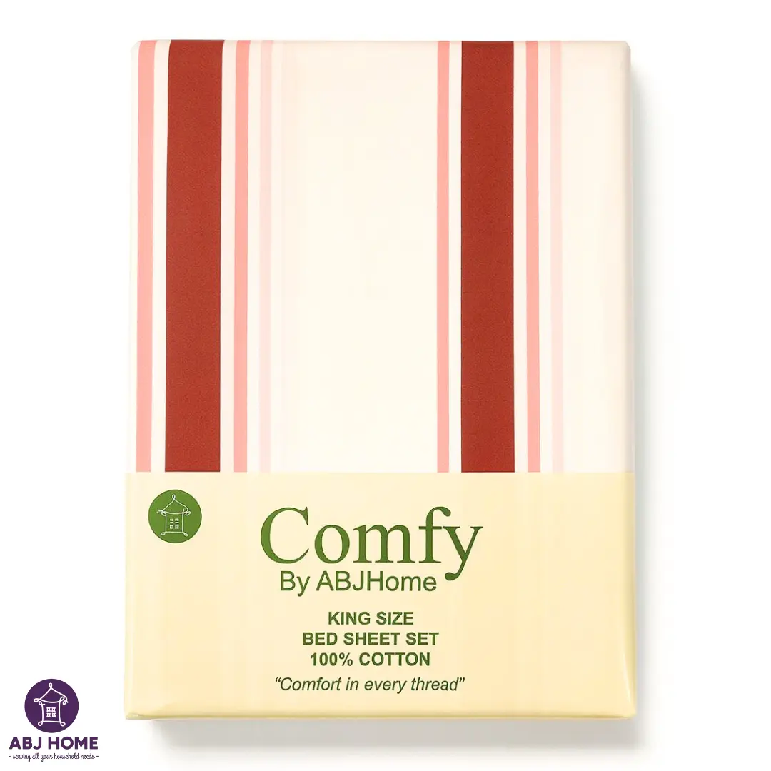 Sunset Stripe King Size Bed Sheet Set with coral and cream stripes made from 100% premium cotton including fitted bedsheet and pillow covers
