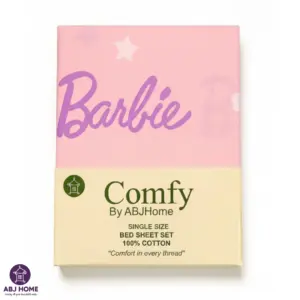 Barbie Star Single Bedsheet package by Comfy ABJ Home, 100% cotton pink bed sheet set with purple Barbie logo and stars