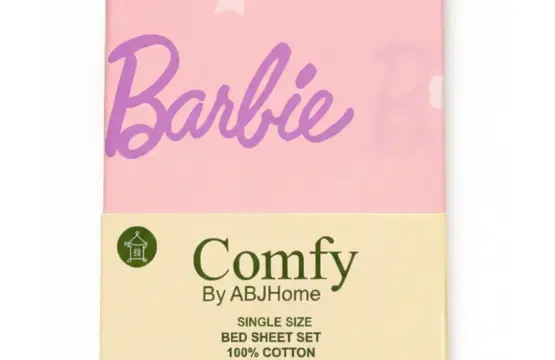 Barbie Star Single Bedsheet package by Comfy ABJ Home, 100% cotton pink bed sheet set with purple Barbie logo and stars