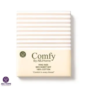 Sandy Stripe Luxe King Size Cotton Bedsheet Set packaging with beige and white striped pattern by Comfy ABJ Home