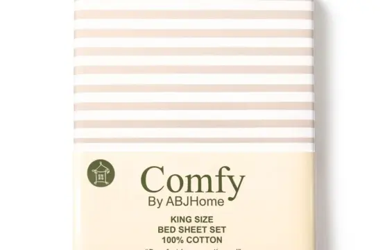 Sandy Stripe Luxe King Size Cotton Bedsheet Set packaging with beige and white striped pattern by Comfy ABJ Home