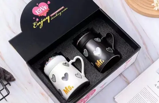 Couple Mugs Gift Set Mr & Ms Hearts Design - Image 2