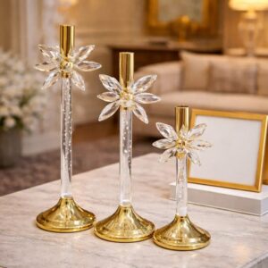 Luxury 3-Piece Crystal Starburst Metal Candle Stand Set