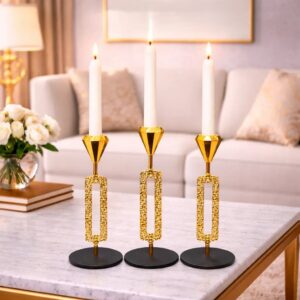 Luxury 3-Piece Linear Glass & Gold Metal Candle Stand Set