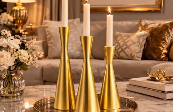 3 Piece Antique Gold Metal Taper Candle Stand Set - Image 2