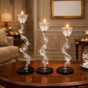 3 Piece Floral Silver & Crystal Metal Candle Stand Set