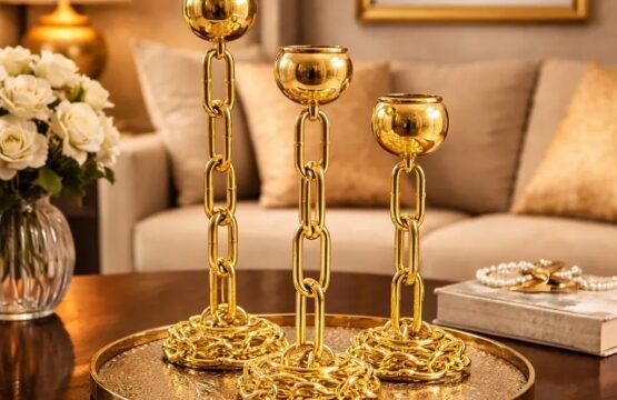 3 Piece Industrial Gold Chain Metal Candle Stand Set - Image 2