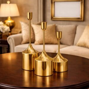 3 Piece Modern Chrome Golden Pillar Candle Stand Set