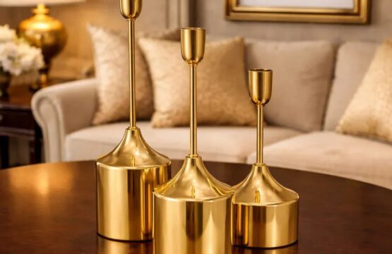 3 Piece Modern Chrome Golden Pillar Candle Stand Set