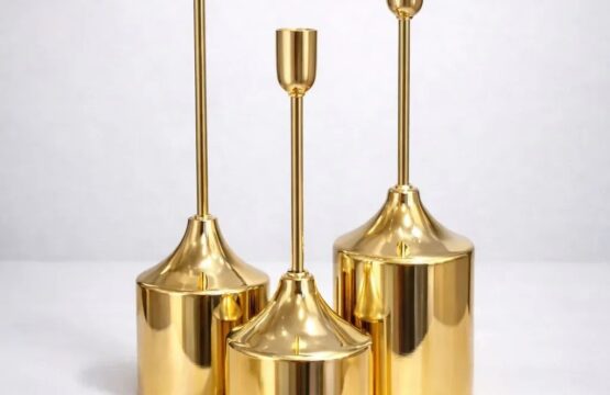 3 Piece Modern Chrome Golden Pillar Candle Stand Set - Image 2