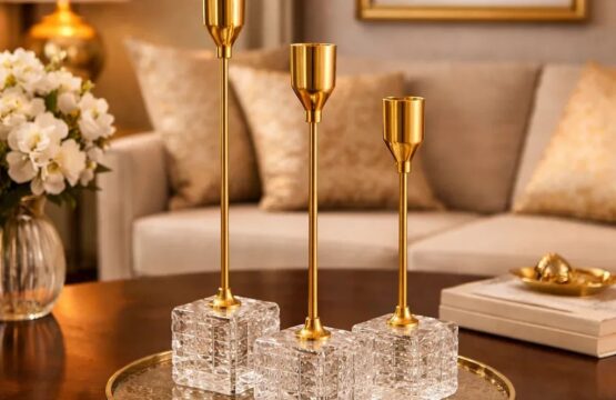 3 Piece Modern Gold Metal & Crystal Cube Candle Stand Set - Image 2